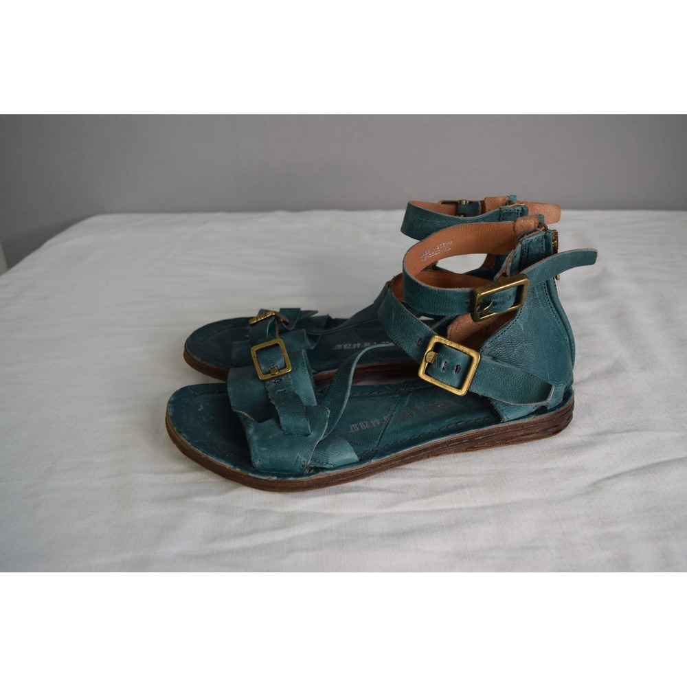 AS98 Busa Gladiator Sandals 38 Teal Blue Leather Buckle Zip Strappy Women Shoes
